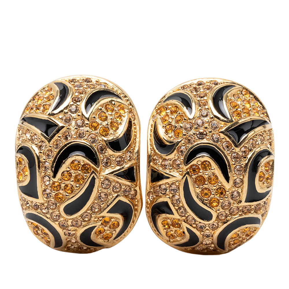 Pre-Loved Dior Gold Plated Strass Enamel Oval Clip On Earrings - Picture 1 of 5